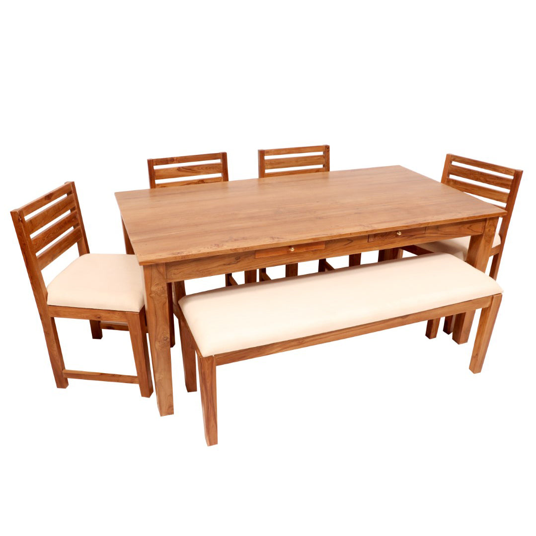6 Seater Teak wood dining table with 4 chair & 1 Bench Dining Set