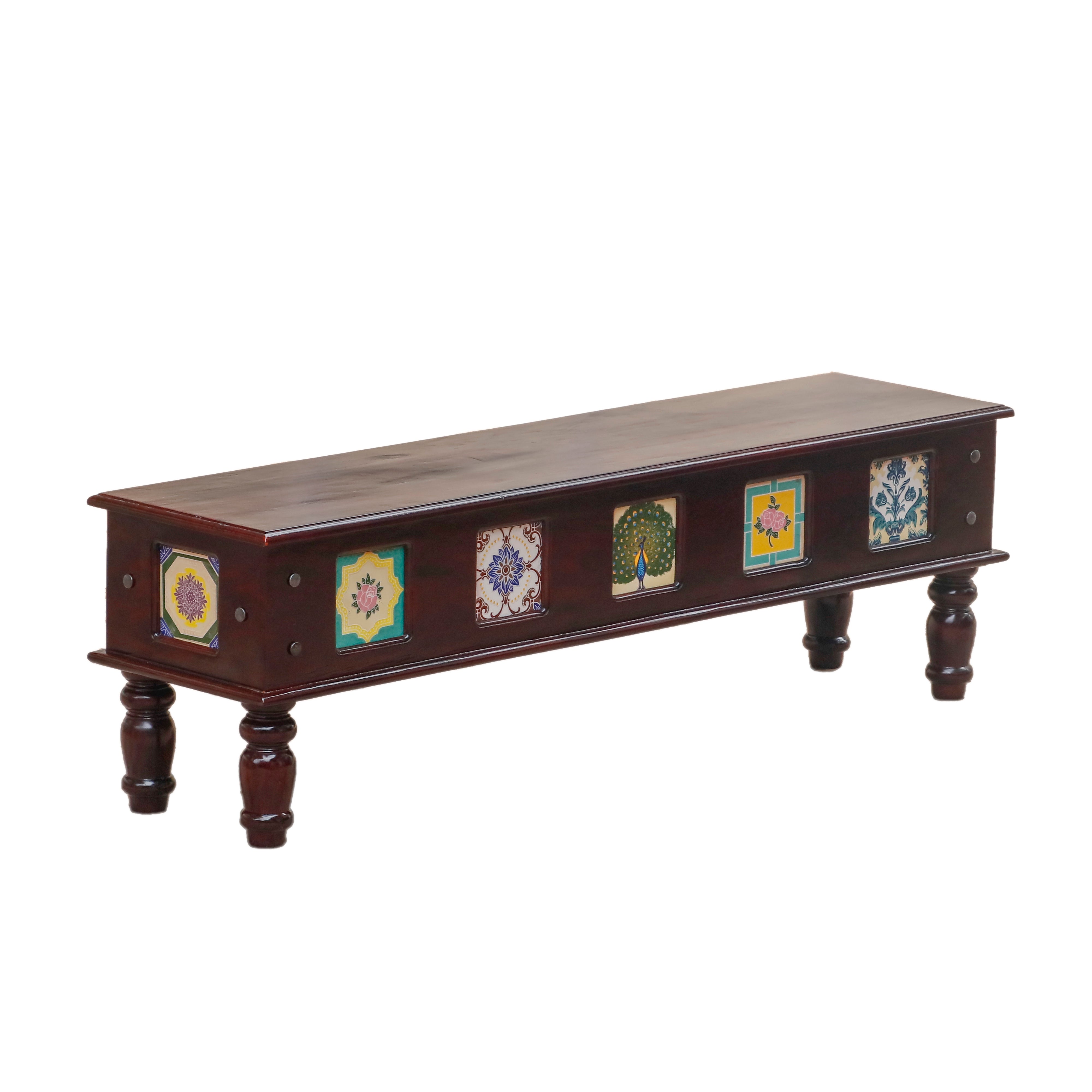 Aesthetic Round Leg Vintage Long Wooden Table with Tiles Bench